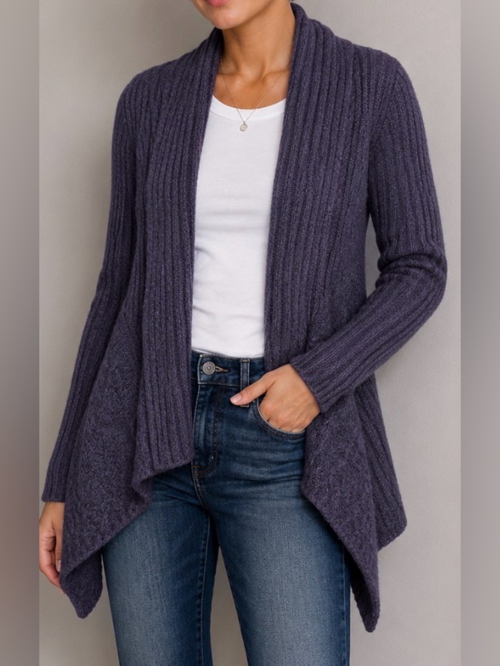 Anthropologie Wool Sweater Cardigan Canary Bird On A Wire Waterfall Purple Knit